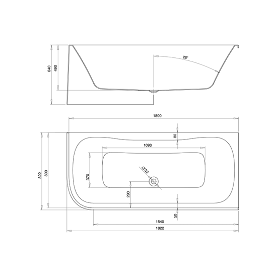 Oval-Badewanne Acryl ohne Schürze, Ecke rechts